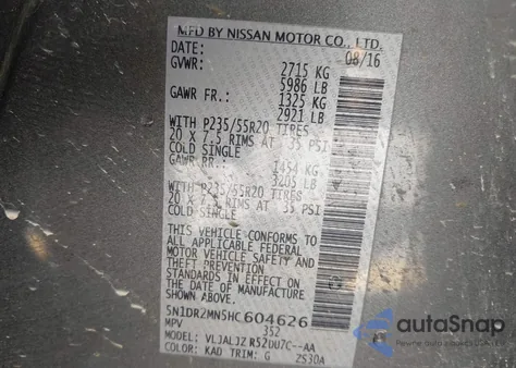 2017 Nissan Pathfinder Platinum from USA, damaged, VIN 5N1DR2MN5HC604626